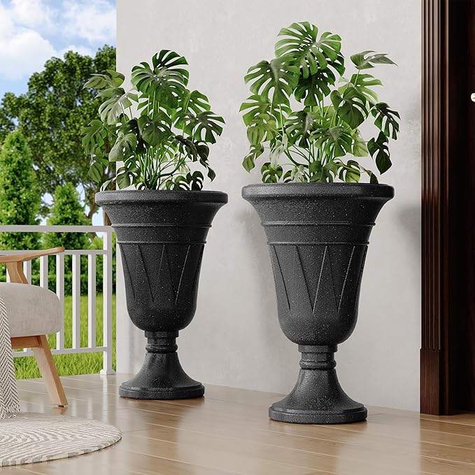 23" Tall Planters for Outdoor Plants Set of 2, Planter with Drainage Holes and Trophy Design, Large Outdoor Planters for Porch, Garden, Black Rootora