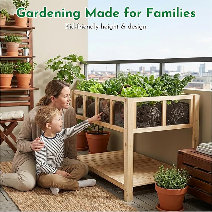 Raised Garden Bed with Transparent Acrylic Panels, Elevated Wooden Raised Garden Bed Planter, Fir Wood Outdoor Planter Box for Herbs, Flowers & Patio Balcony Gardening (Natural) Ketive