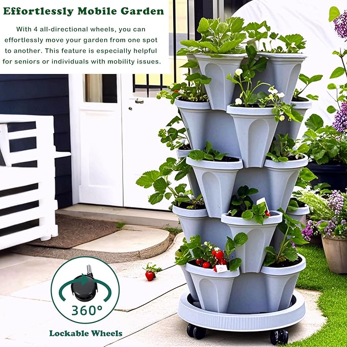 Strawberry Planters, 3 Tiered Vertical Stackable Planter, Herb Stacking Tower Garden, Flower Vegetable Planters with Support Pole, Indoor & Outdoor with Removable Wheels - White Lykvrii