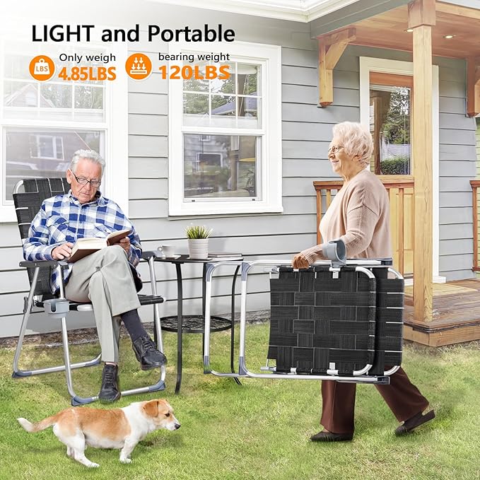 VINGLI Aluminum Patio Lawn Chairs Folding Set of 2 with Detachable Cup Holder, Webbed Beach Chair Folding Chair Outdoor Portable Camping Chair for Yard, Garden VINGLI