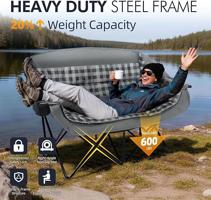 Double Camping Chairs Padded Loveseat Chair for 2 Person - Heavy Duty Oversized Camping Couch for Adults Outdoor Lawn Beach Portable Folding Sofa with Cup Holders Support 600lbs, Grey PUVASIA