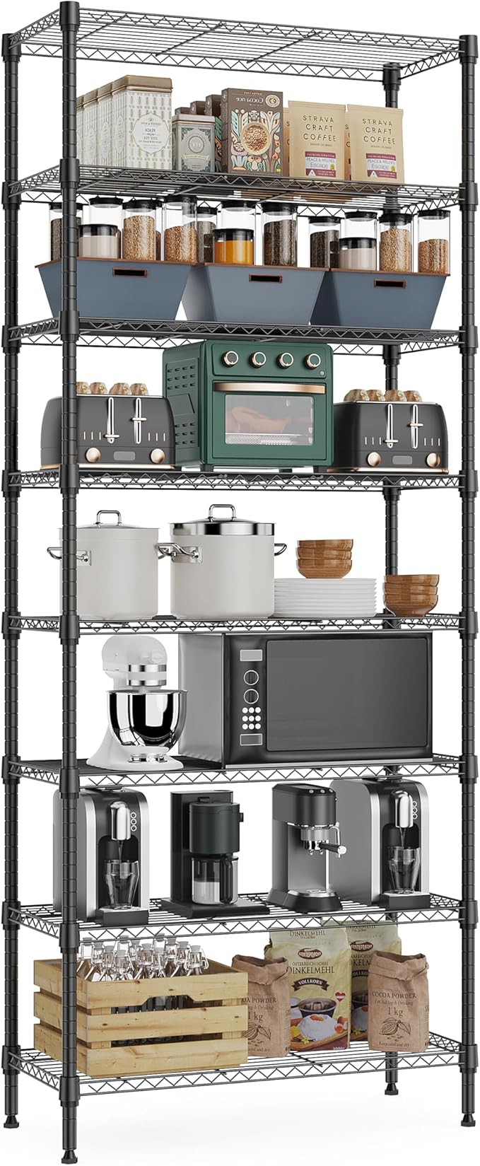 8 Tier 2000 lbs Storage Rack Metal Wire Shelving Unit, Storage Standing Shelf Organizer for Laundry Bathroom Kitchen Pantry Closet Garage Basement Utility Room, Black 13.8" D x 23.6" W x 79.5" H MEIGAOPLASTICANDMETALHKCOLIMITED