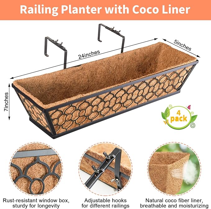 Riare 4 Pack 24 Inch Window Boxes Planters with Coco Liner, Metal Deck Railing Planter Boxes, Balcony Planters Railing Hanging, Horse Trough Window Flower Planter Boxes for Outdoor Porch Fence Patio Riare