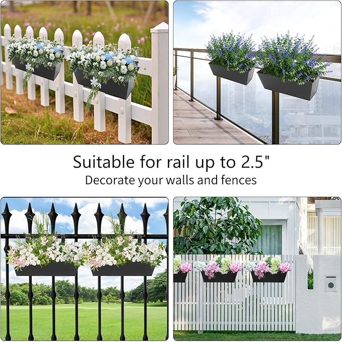 Railing Planters Outdoor Balcony 16 Inch Deck Over The Railing Planter Boxes Hanging Planters for Fence Flower 3 Pcs (Black) Holensun