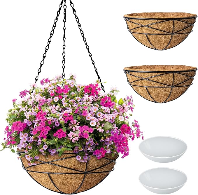 2 Pack 12 Inch Hanging Planters for Outdoor Plants Metal Watering Flower Baskets with Coco Liner for Hanging Pot Round Plant Holders Planter for Outside Garden Decor KarlliuHOMEGARDEN