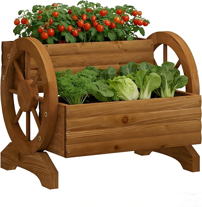 Wooden Wagon Planter Flower Cart with Wheels Garden Box Garden Planter, Decorative Planter for Flowers Herbs Vegetables for Indoor & Outdoor Décor Flower Cart for Patio Garden Balcony (Brown) PULIJIAJU