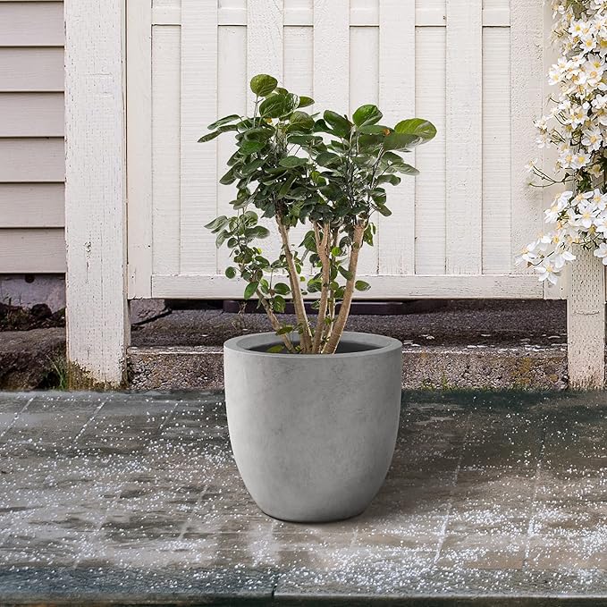 Kante 13.4" Dia Round Concrete Planter, Large Outdoor Modern Indoor Decorative Plant Pots with Drainage Hole and Rubber Plug for Home and Garden, Natural Concrete Kante