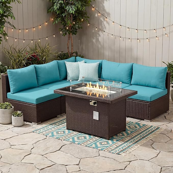 NICESOUL 6 Piece L-Shaped Patio Furniture Set with Fire Pit Table Natural Gas/Propane, 29.3'' High-Back Deep Wide Seat Outdoor Conversations, XL Big Fireplace Couches, Brown Rattan and Teal Cushion NICESOUL