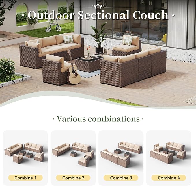 Aoxun 10 Piece Patio Furniture Set Wicker Rattan Patio Conversation Set Outdoor Sectional Sofa Set with Coffee Table and 4” Thickened Cushions, Beige(Waterproof Cover Included) Aoxun