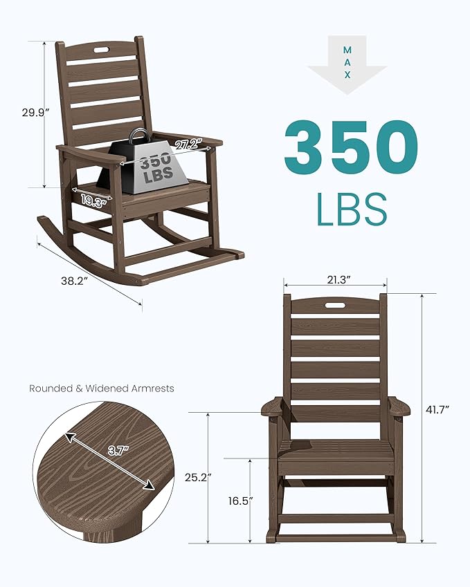 SERWALL Outdoor Rocking Chair Set of 4, Oversized HDPE Patio Rocking Chair with Footrest for Adults, All Weather Porch Rocker for Deck Patio Balcony, Coffee SERWALL