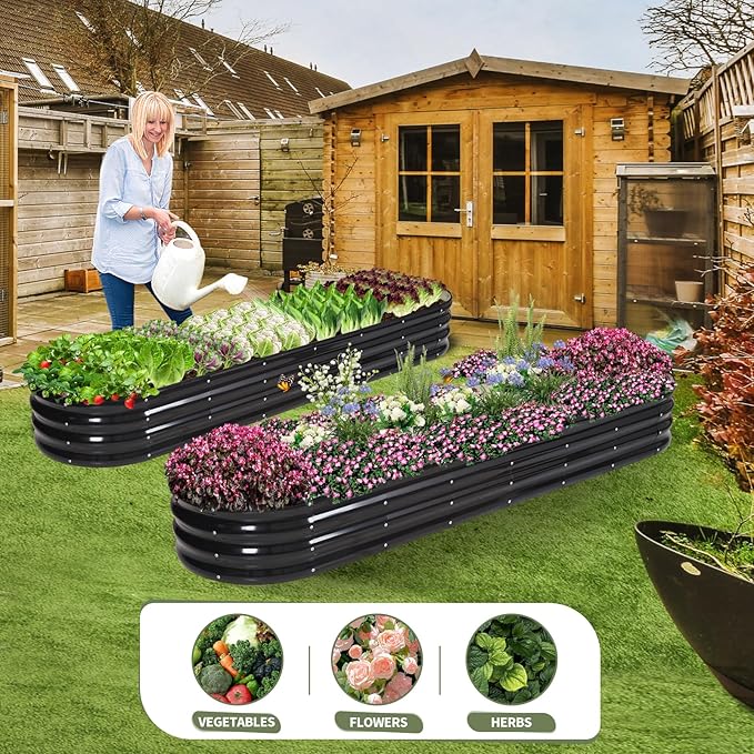 Galvanized Raised Garden Bed Outdoor- Raised Beds for Gardening| Metal Planter Box, Steel Raised Garden Bed Kit with Safety Edging and Gloves for Vegetables, Flower, Herbs (8x2x1FT, Gray) Permade