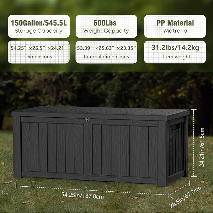 TARKARI 150 Gallon Lockable Resin Deck Box, Waterproof & UV-Resistant Outdoor Storage Box for Outdoor Cushion Storage, Garden Tools & Pool Accessories Storage, Black Home