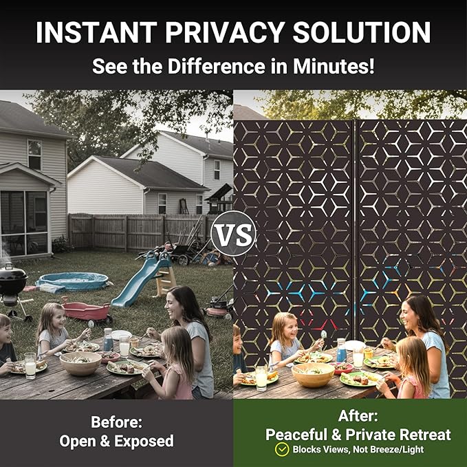 6FT Metal Privacy Screen Outdoor – Decorative Laser Cut Privacy Fence Panel for Patio, Deck & Garden, Rustproof Steel Privacy Divider, Modern Geometric Design, Freestanding Outdoor Privacy Screen TALLYVERUS