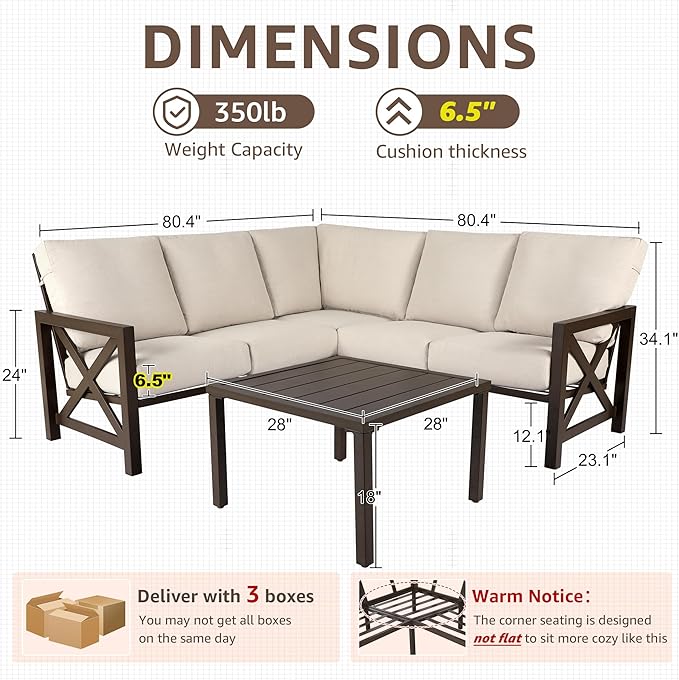 NATURAL EXPRESSIONS 6 Pieces Patio Furniture Sets, Metal Outdoor Sectional Furniture L Shape Patio Conversation Sets,Highback Frame,Metal Table,Large Waterproof Cover, 6.5" Olefin Cushions NaturalExpressions