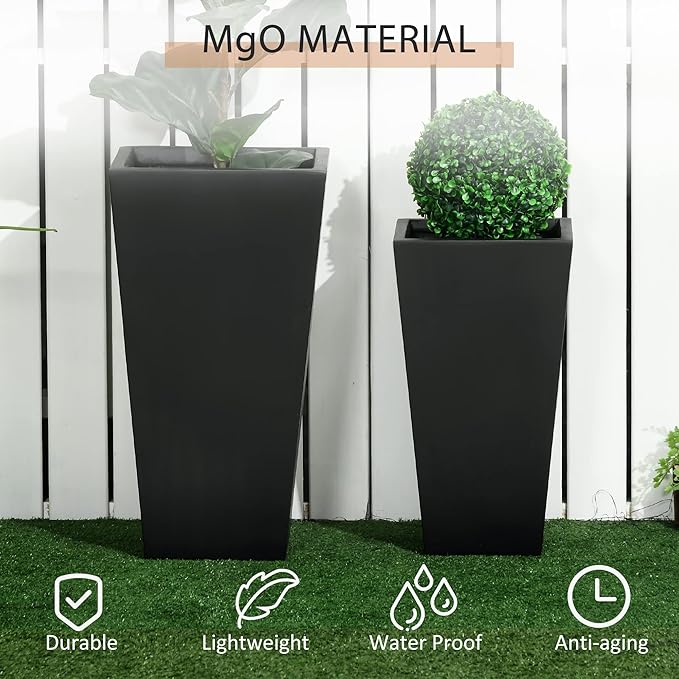 Outsunny 2-Pack Outdoor Planter Set, Flower Pots with Drainage Holes, Durable & Stackable Plant Pot, 22in & 18in, for Porch, Entryway, Patio, Yard, Garden, Black Outsunny
