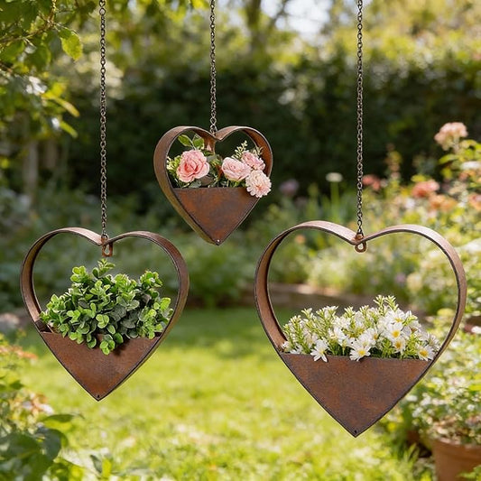 3 Pcs 3 Size Heart Metal Hanging Planter Indoor Outdoor, 13.4" 10.6" 7" Large Metal Plant Hangers Vintage Flower Pot with Hook Chain Drain Hole Gift for Gardener Women Mom Home Decor(Brown) Romooa