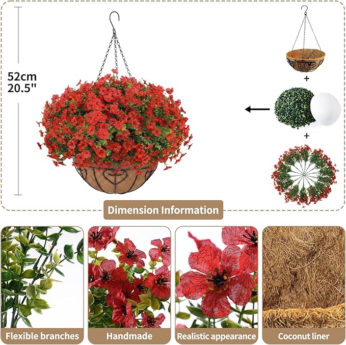 Artificial Hanging Flower for Outdoors, Fake Hanging Basket for Outside,1 Hanging Basket with 13 Pcs Faux Silk Flowers for Porch, Balcony and Patio Decor(Red) LetuoClipsClipsandHooks