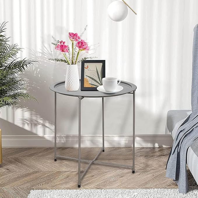 Garden 4 you Folding Tray Metal Side Table 2PC Grey Round End Table Cyan Sofa Small Accent Fold-able Table, Round End Table Tray, Next to Sofa Table, Snack Table for Living Room and Bed Room Garden4you