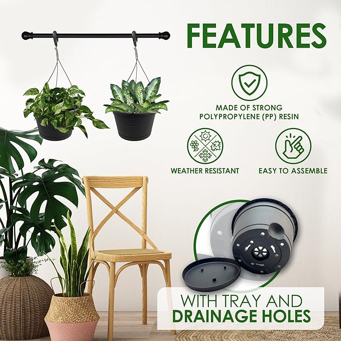 10in Euro Hanging Planters for Indoor Plants 2 Pieces 10inch Hanging Planter with (2) 40cm Hooks, Self Watering Indoor Outdoor Hanging Pots with Drainage Holes and Removable Drip Tray J3A+Collections