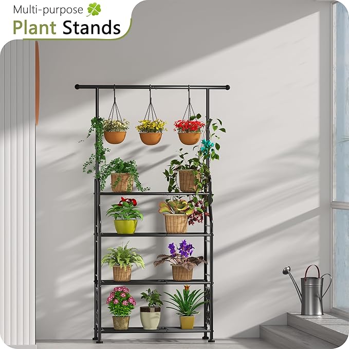 GIOTORENT Plant Stand Indoor Outdoor, 4-Tier Heavy Duty Metal Shelves, Display up to 17 Multiple Plants, Tall Plant Holder with Plant Hanger, Suit for Patio Living Room Garden Balcony, 5 Hooks, Black GIOTORENT