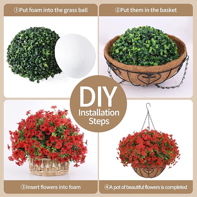 Artificial Hanging Flower for Outdoors, Fake Hanging Basket for Outside,1 Hanging Basket with 13 Pcs Faux Silk Flowers for Porch, Balcony and Patio Decor(Red) LetuoClipsClipsandHooks