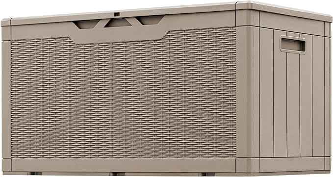 Greesum 100 Gallon Resin Patio Storage Box for Garden Tools, Outdoor Furniture Cushions, Pool Supplies, Coffee