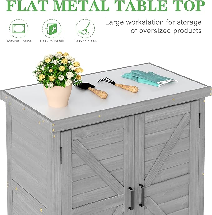 Outdoor Potting Bench with Storage Cabinet and Metal Top, Wood Workstation for Outdoor Patio, Garden (Classic Grey, 31x17x36‘’) Wood-Natrl