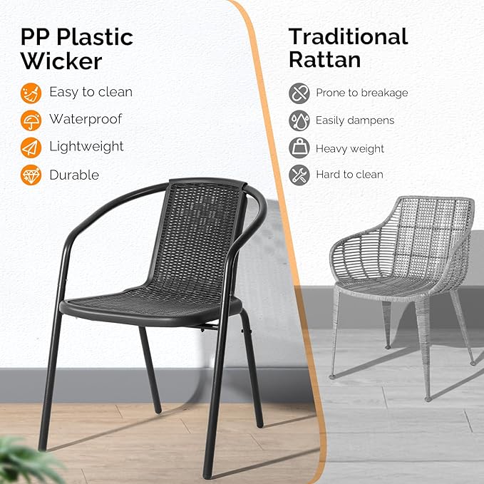 VINGLI PE Rattan Outdoor Dining Chairs Set of 2, Plastic Stackable Patio Chairs for Indoor, Porch, Restaurant, Garden, Black VINGLI