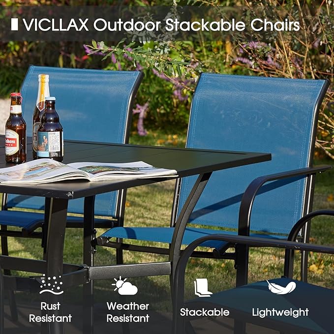 VICLLAX 5 Pieces Patio Dining Set, Outdoor Furniture Set Includes 41.2" Round Patio Table and 4 Patio Sling Chairs, Black Tabletop and Blue Fabric HOME
