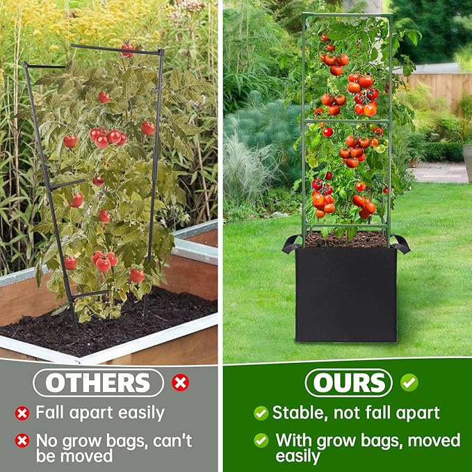 ANPHSIN 3 Sets Tomato Cages with 10 Gallon Grow Bags - 47'' Stable Plant Support Trellis Kit, Square Cages with Planter Pots for Garden Flowers Vegetables Cucumber Vertical Climbing Plants Vines ANPHSIN