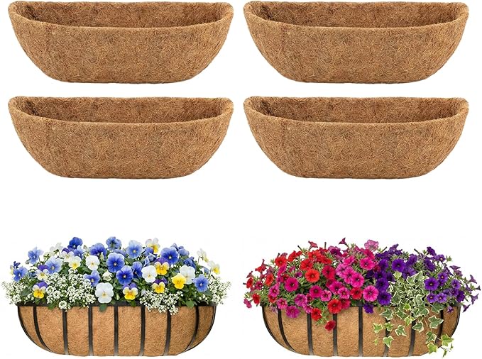 4 Pcs 36 Inch Trough Coco Liner for Window Box, 100% Natural Half Moon Coconut Coir Planter, Replaceable Coconut Fiber Liner for Window Boxes & Fence Flower Baskets (4, 36 inch) Rootora