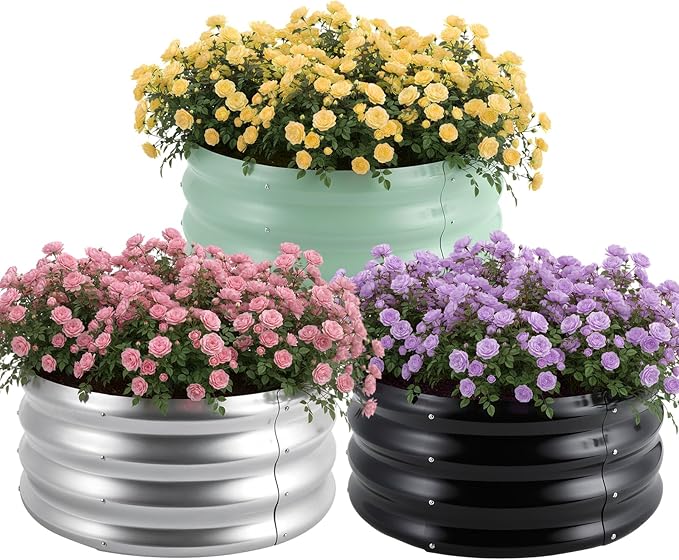 3 Pcs 2x2x1ft Round Galvanized Raised Garden Bed Planter Boxes Outdoor with Easy Assembly, Metal Raised Beds for Vegetables, Fruits, Flowers (Galvanized, Black, Green) FODAHRWS