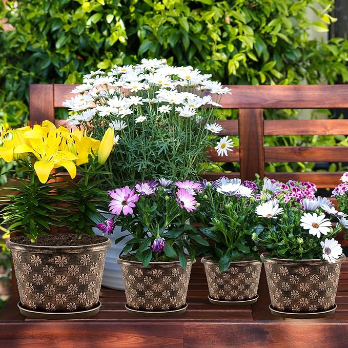 10 Inch Planter Pots for Plants, 4 Pack Plastic Large Flower Pots Indoor Outdoor, Resin Plant Pot with Drainage & Saucer, Retro Decorative Garden Pot with Removable Trays for House FlowyypoPlantPot