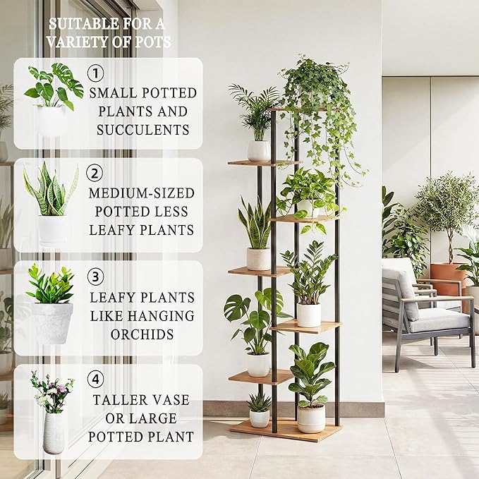 Plant Stand Indoor 7 Tier 8 Potted Metal Wood Plant Shelf, Multiple Flower Pots Corner Tall Plant Holder Stands for Living Room Balcony Bedroom, Rustic Brown GreenLivingSpaces