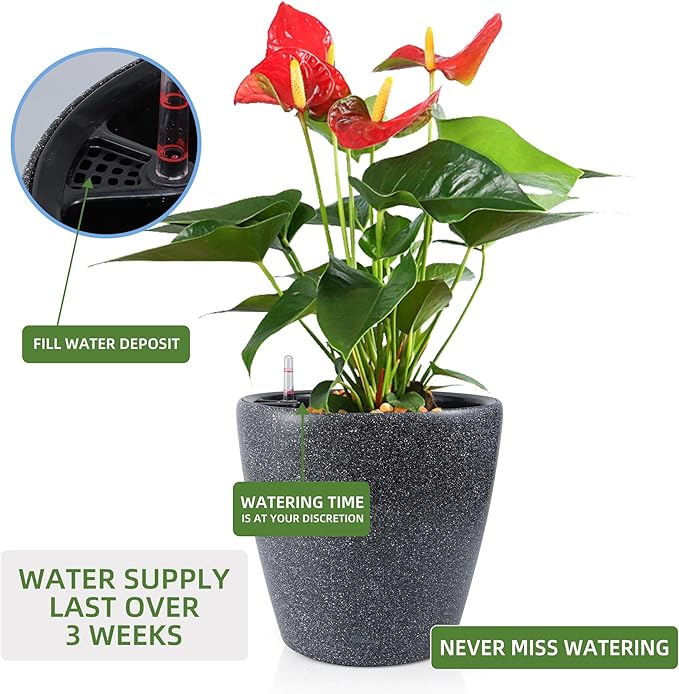 Dexceder 15x14 Self Watering Planter with Wheels Indoor Outdoor, Inner Pot Design, Thickened Large Floor Standing Flower Plant Pot with Water Level Indicator (Stone Matte) Dexceder