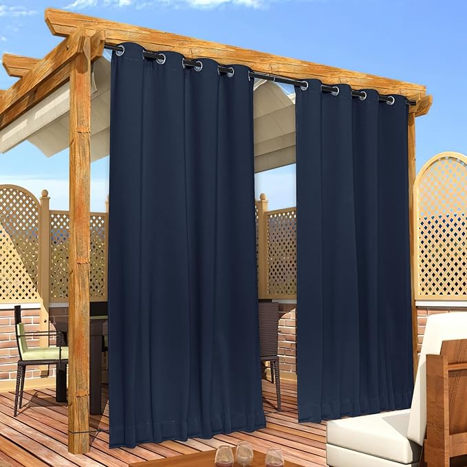 NICETOWN 2 Panels Outdoor Curtains Waterproof for Patio, Thermal Insulated Top & Bottom Grommet & Back Tab Light Blocking Outdoor Drapes, Windproof with Bouns Rope, W52 x L120, Navy Blue NICETOWN