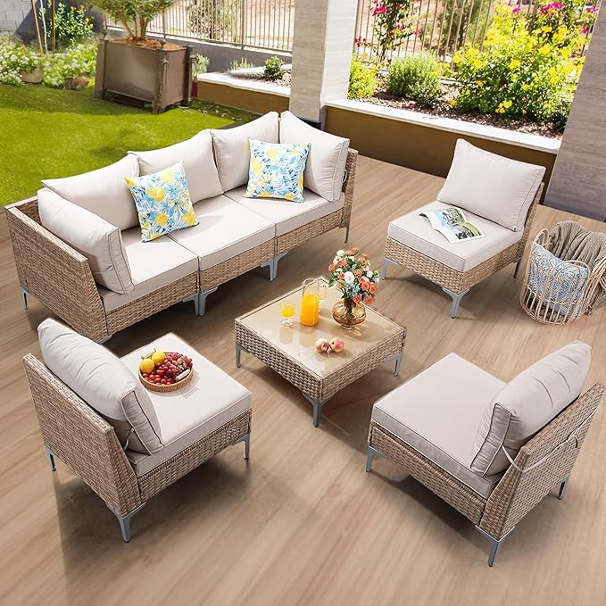 7-Piece Patio Furniture Set, Outdoor Wicker Sectional Sofa with Coffee Table, Anti-Slip & Thick All-Weather Cushions for Party,Garden,Backyard, Beige OutdoorPatioFurnitureSet