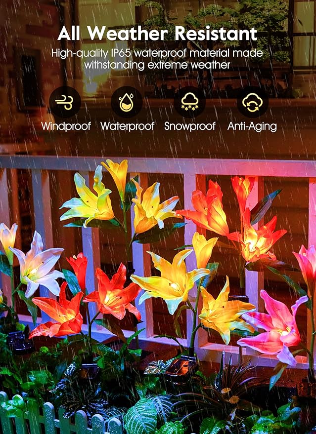Brightown Solar Lights Outdoor, 4 Pack Solar Garden Lights with Larger & More Realistic Lily Flowers, Waterproof Outdoor Solar Lights for Yard Patio Lawn Pot Decoration Brightown