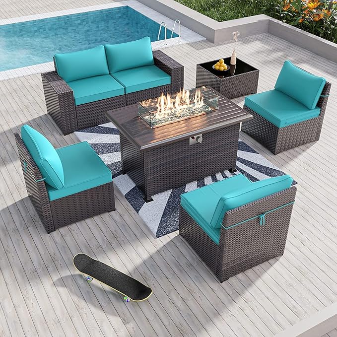 Kullavik 7 Pieces Outdoor Patio Furniture Set with 43" 55000BTU Gas Propane Fire Pit Table PE Wicker Rattan Sectional Sofa Patio Conversation Sets,Blue KULLAVIK