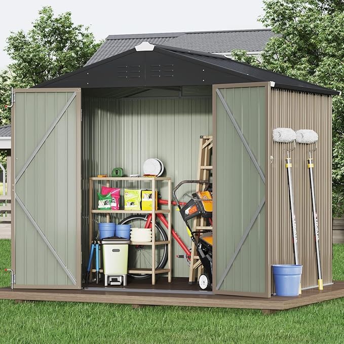 Devoko Outdoor Storage Shed 8 x 6 FT Lockable Metal Garden Shed Steel Anti-Corrosion Storage House with Single Lockable Door for Backyard Outdoor Patio (Brown) DEVOKO