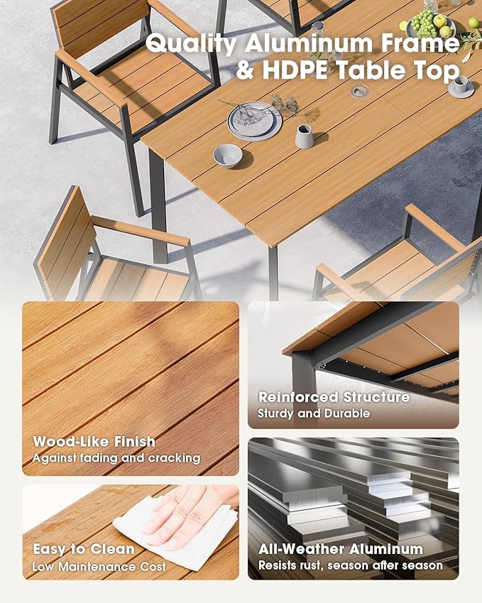 Outdoor Patio Dining Table, Aluminum & HDPS Outdoor Table with Umbrella Hole, All-Weather for Deck, Garden, Lawn, Backyard, Poolside (Gray & Teak) ComfCove