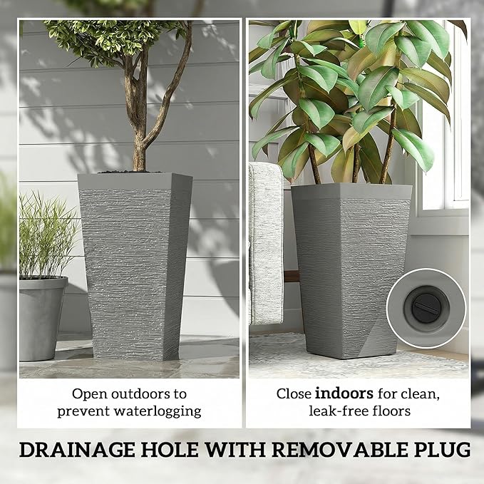 Outsunny 22.8 Inch Tall Planters for Outdoor Plants, Set of 3 Plastic Flower Pots with Stone Finish and Wheels, Stackable Tapered Planters with Drainage Hole for Indoor Plants, Front Porch, Gray Outsunny
