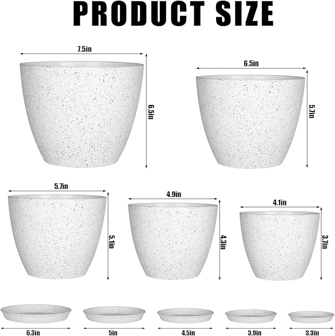 5 Pcs Plant pots, 7.5/6.5/5.7/4.9/4.1 inch Pots for Plants, Flower Pot Indoor Modern Decorative Plant Pot, Plant Pots Indoor with Drainage and Saucer for All House Plants, Spray Spots LOKEISNA
