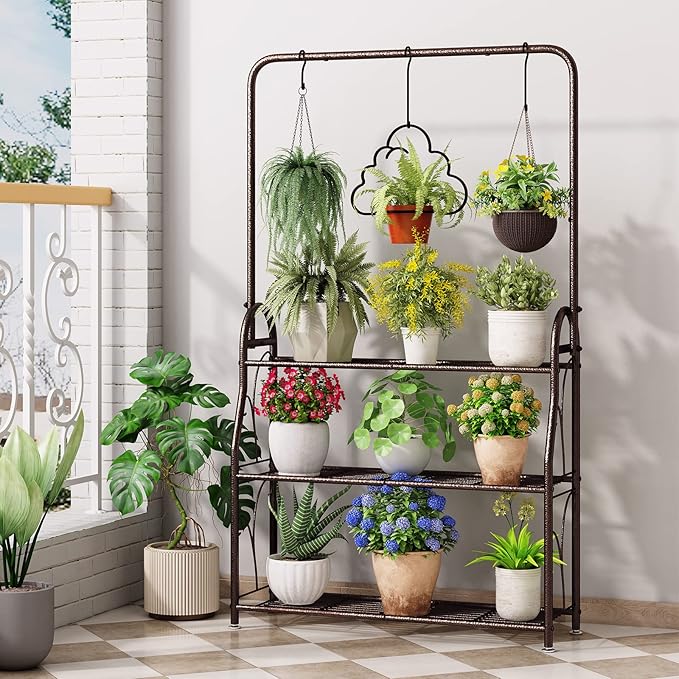 SORCEDAS Plant Stand Indoor Outdoor 3 Tier Tall Corner Hanging Shelf Metal Flower Stands Ladder Holder for Living Room Balcony Garden Patio Multiple Plants, Bronze SpecialYourHome