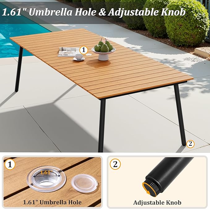 95" Patio Outdoor Dining Table for 8-10, Weather-Resistant Wood-Grain Top with Aluminum Frame & Umbrella Hole for Deck Gatherings, Brown VredHom
