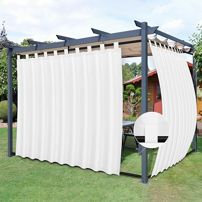 Easy-Going Outdoor Patio Curtains Detachable Tab Top Windproof Weatherproof Curtain for Cabana, Porch, Pergola and Gazebo, Tab Bottom Drape, 2 Panels, 110W x 120L inch, White Easy-Going