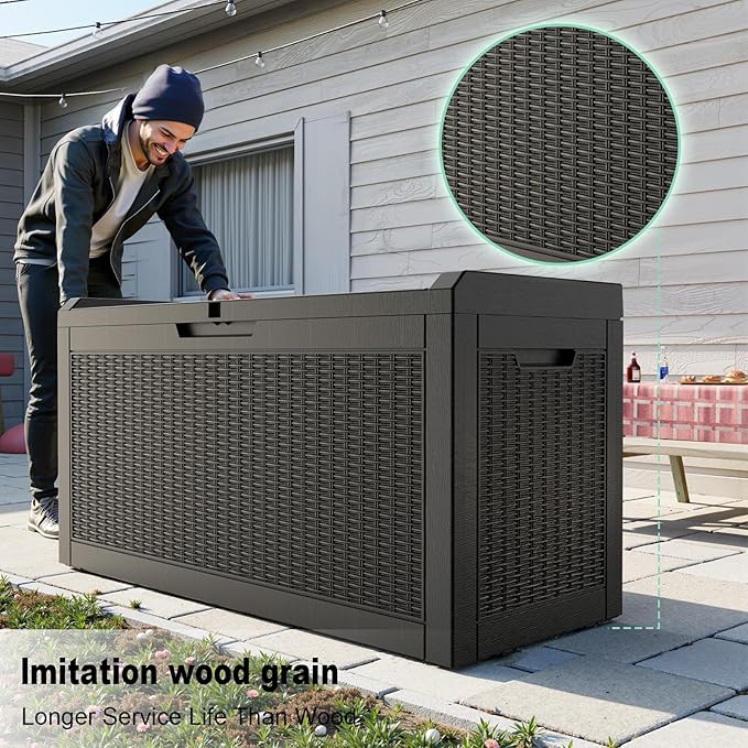 ROJIK Outdoor Storage Housing Deck Box,Waterproof Patio Furniture, Garden Tools, Cushions, Pool Accessories Storage Bench with Lockable Lid and Side Handles (Black,60 Gallon) ROJIK