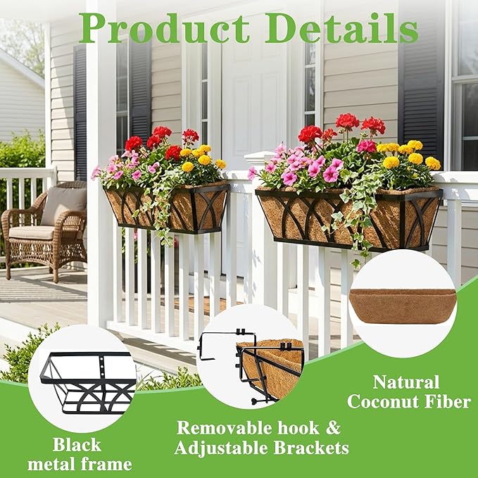 Window Deck Railing Planters Boxes with Coconut Liner, The Bottom Flat Window Boxes Planters Flower Boxes Metal Black Balcony Planter Railing Hanging for Outdoor Fence Porch Patio Lawn(4Pcs 24 Inch) EIMQUVW