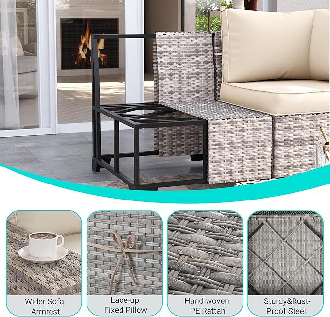 10-Piece Outdoor Patio Furniture Set with Rocking Swivel Chair, PE Wicker Rattan Sectional Sofa Patio Conversation Set with 55,000 BTU Fire Pit Table & Coffee Table, White MuphyersPatioFurniture