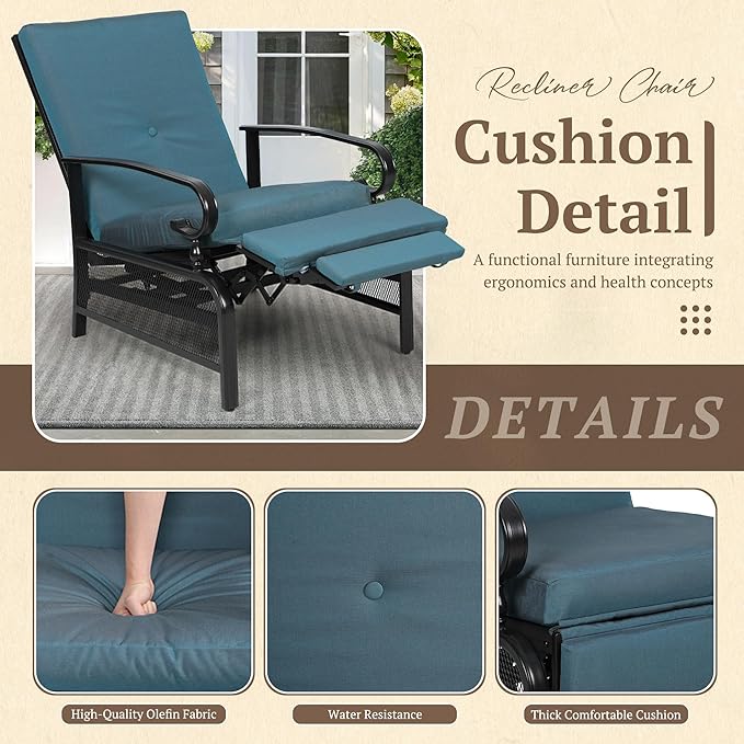 Oakcloud Adjustable Outdoor Lounge Chair Metal Patio Relaxing Recliner Chair Set with Bistro Table and Removable Cushions(Peacock Blue) OckcloudPatioFurniture
